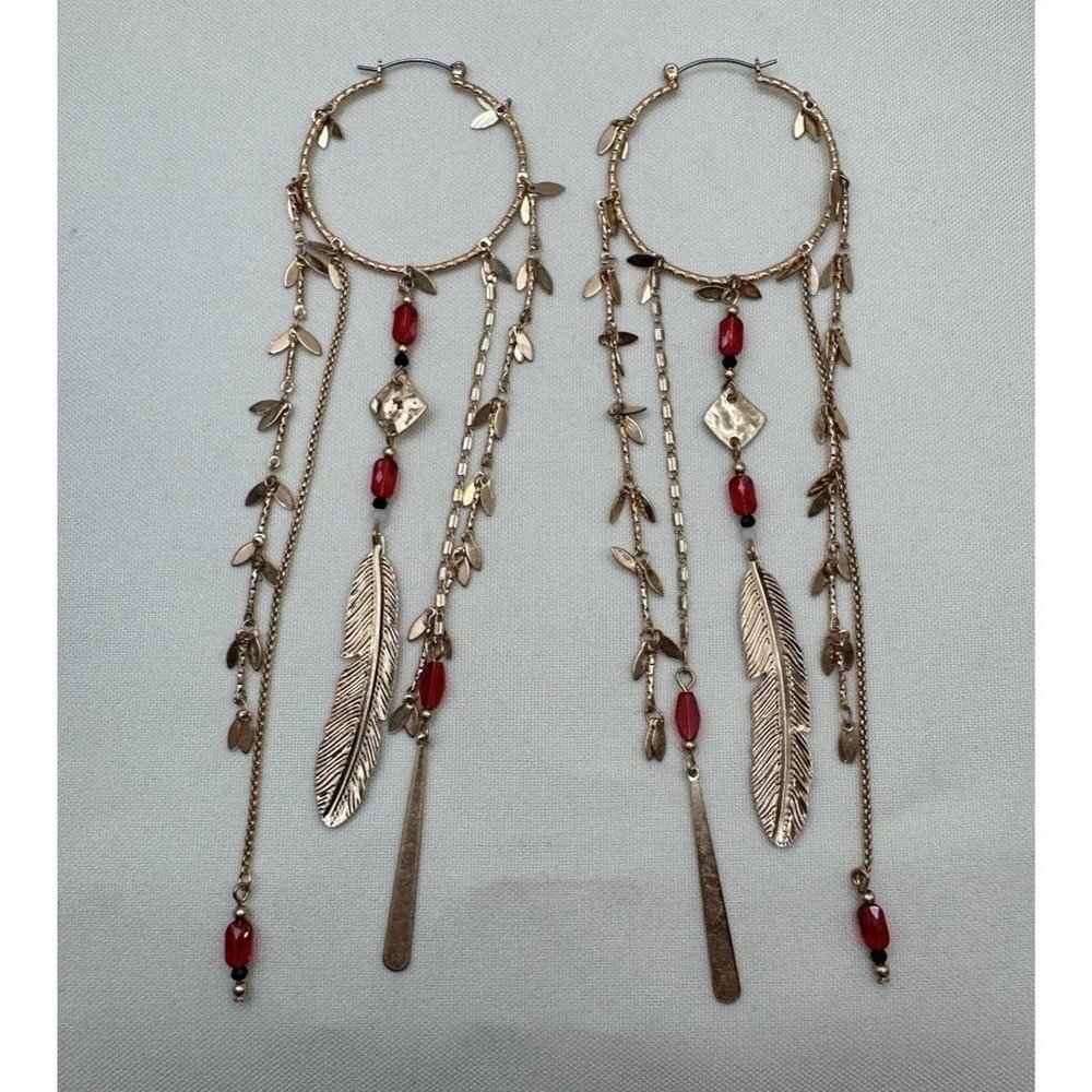 Zara Feather Golden Charm Cascade Red Glass Hoop Earrings 6 Inch Long Gold Tone